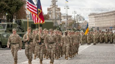 Oklahoma National Guard soldiers march in Ukraine