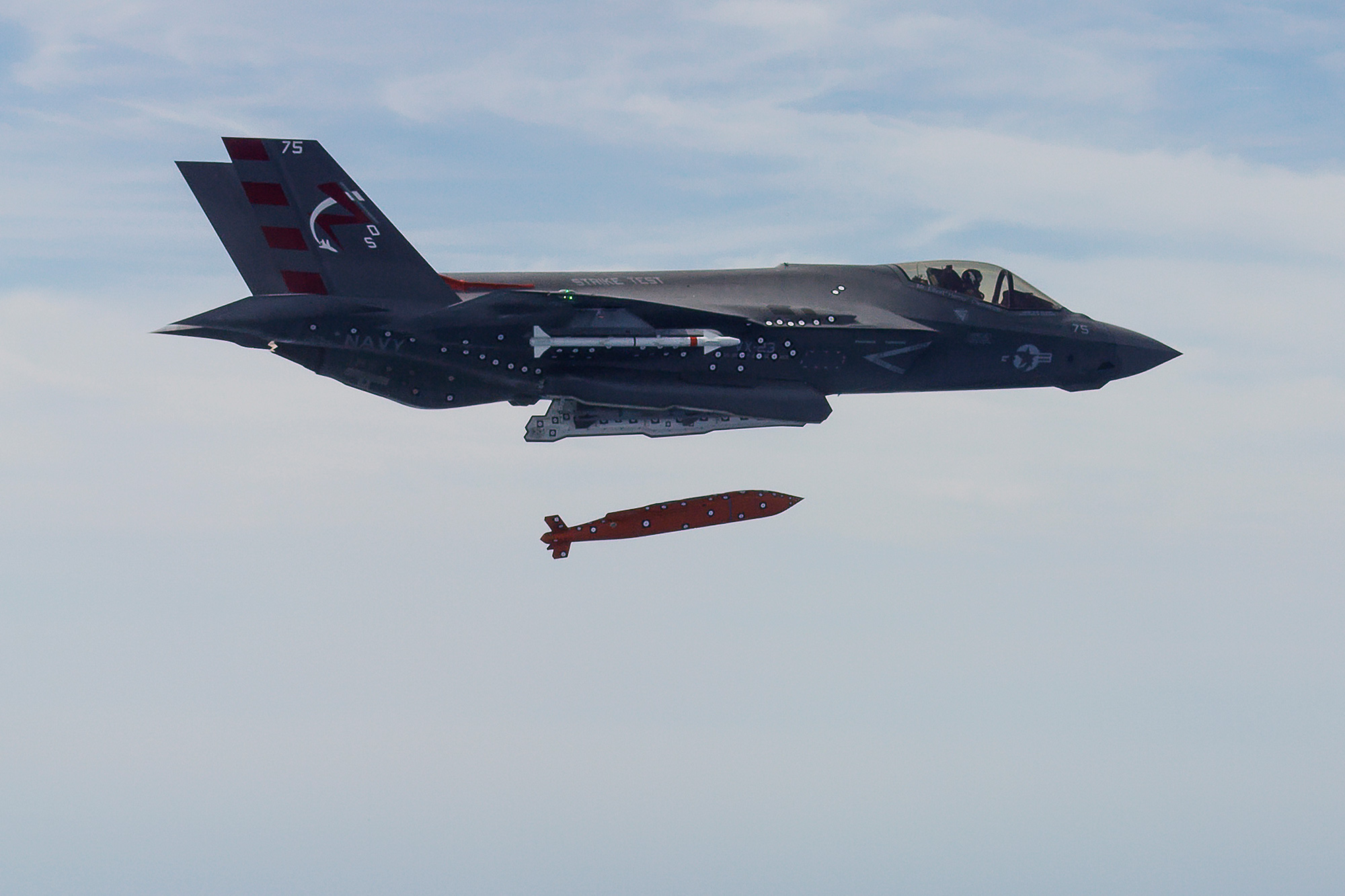 An F-35C test-drops an AGM-154 Joint Standoff Weapon (JSOW)