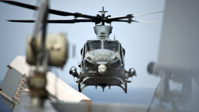 UH-1Y Venom helicopter departs the USS San Diego