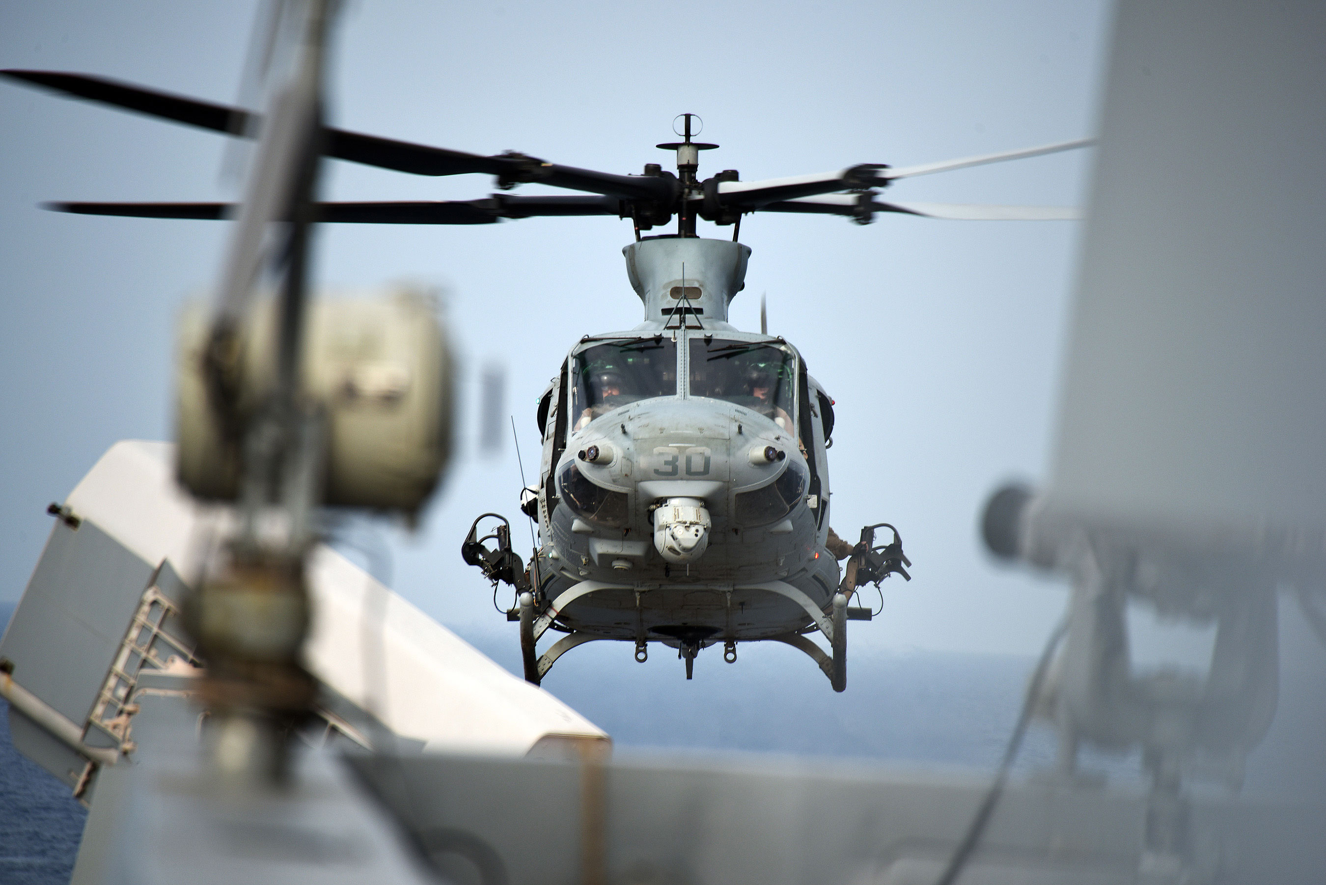 UH-1Y Venom helicopter departs the USS San Diego