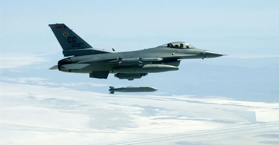 F-16 launches AGM-154 Joint Standoff Weapon glide bomb