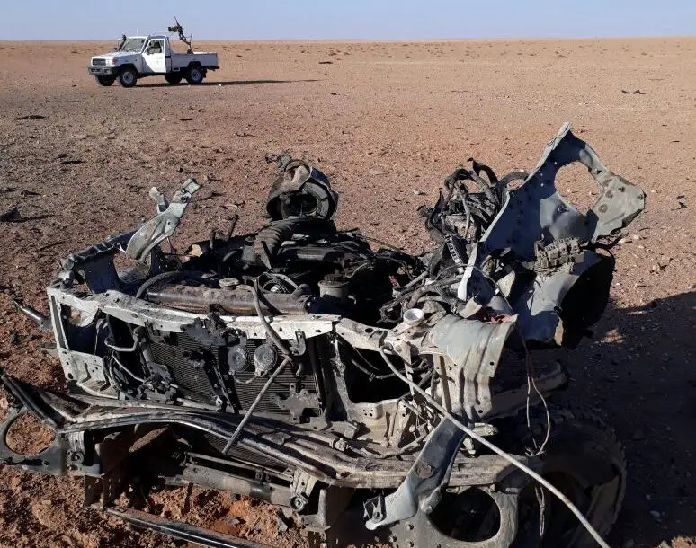 The remains of an ISIS vehicle after an attack on At Tanf deconfliction zone