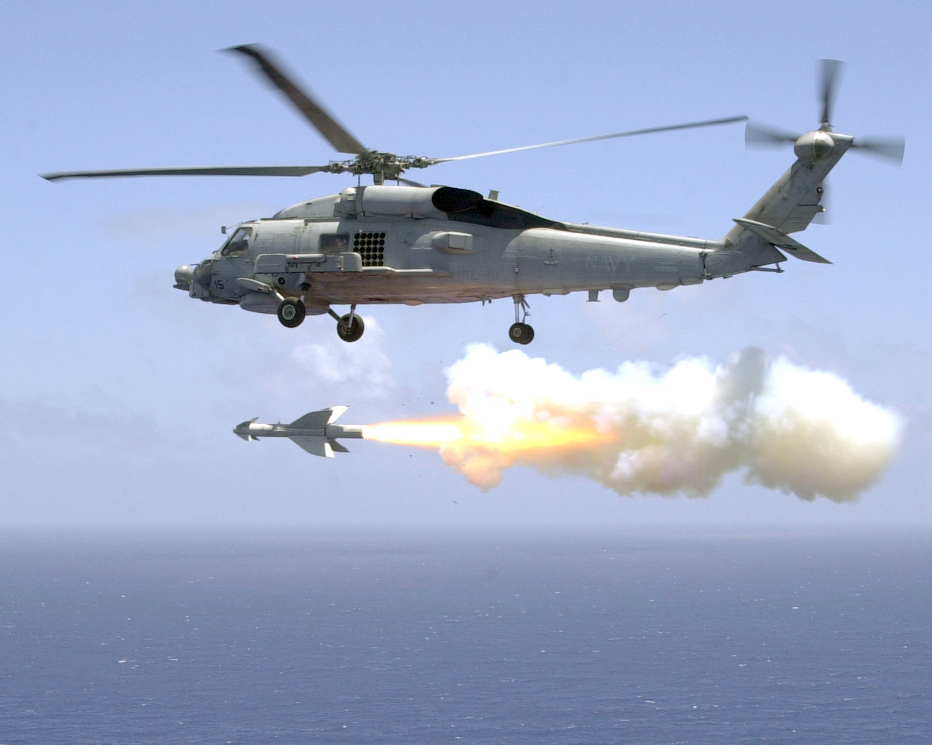 US Navy Helicopter Antisubmarine Light Five One (HSL-51) fires an AGM-119 “Penguin” anti-ship missile from an SH-60B Sea Hawk helicopter
