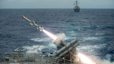 USS Shiloh launches Harpoon missile