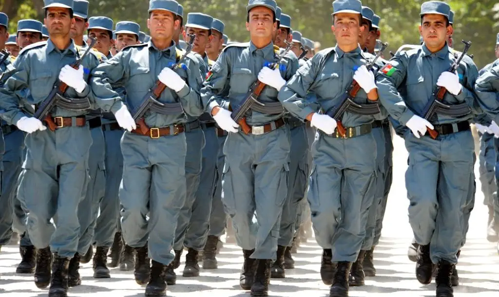 Afghan National Police march during an ANP graduation