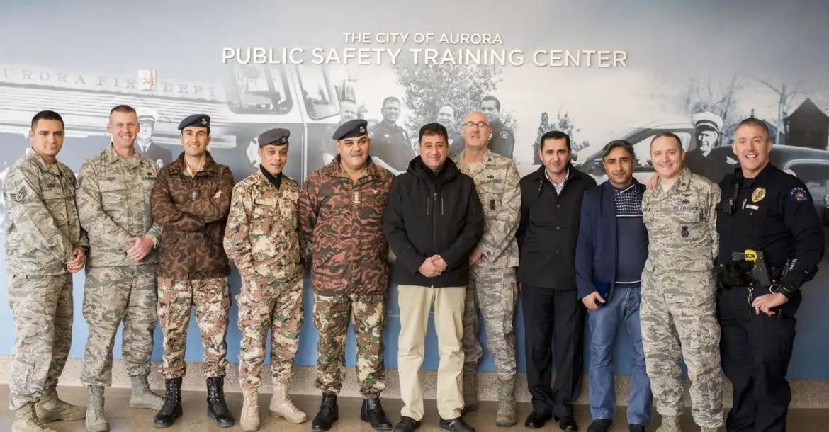 Members of the Royal Jordanian Air Force Ground Defense, Jordanian Military Security, Aurora Police Department, the Colorado Air National Guard's 233d and 140th Security Forces Squadrons collaborate on tactics and procedures for base defense