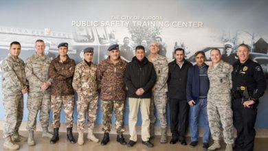 Members of the Royal Jordanian Air Force Ground Defense, Jordanian Military Security, Aurora Police Department, the Colorado Air National Guard's 233d and 140th Security Forces Squadrons collaborate on tactics and procedures for base defense