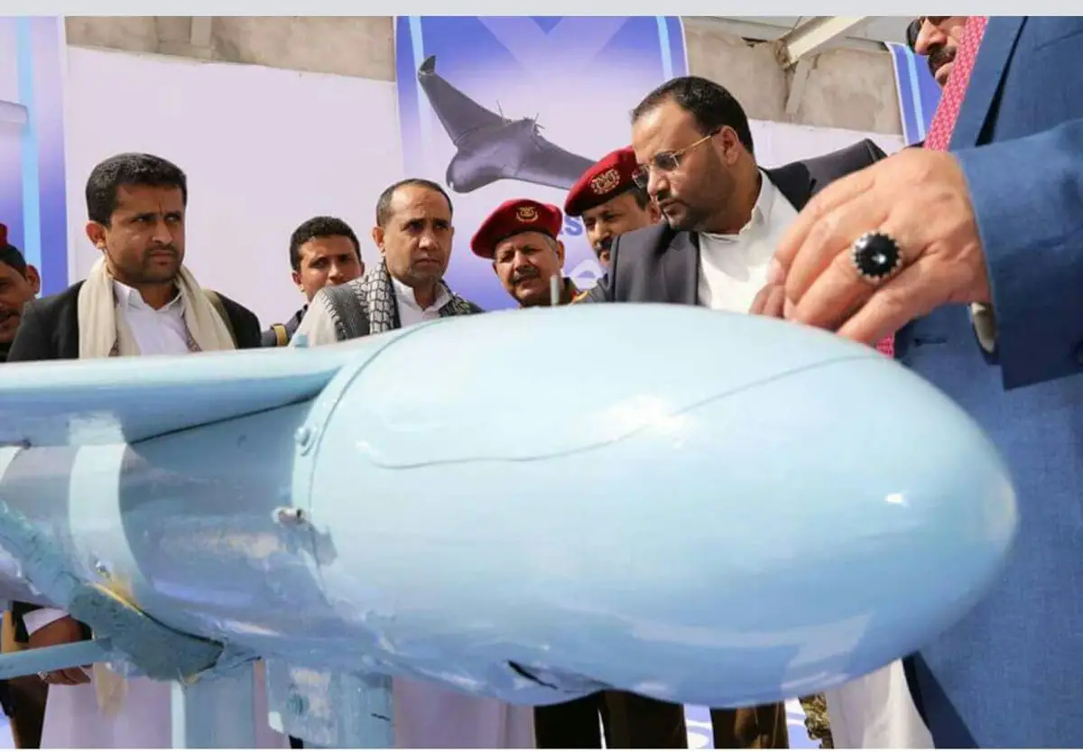 Houthi leader Saleh Alsmad unveils a Qasef-1 drone in Yemen