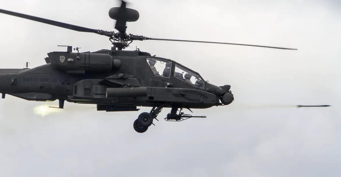US Army AH-64E Apache helicopter fires Hydra 70 rocket