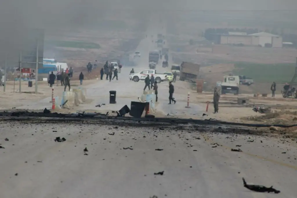 Aftermath of a vehicle bomb at an SDF checkpoint in Shaddadi in Syria's Hasakah governorate