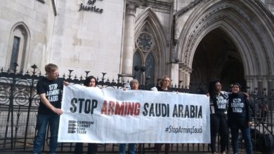 CAAT campaigners await the verdict in a court case to halt the sale of UK weapons to Saudi Arabia