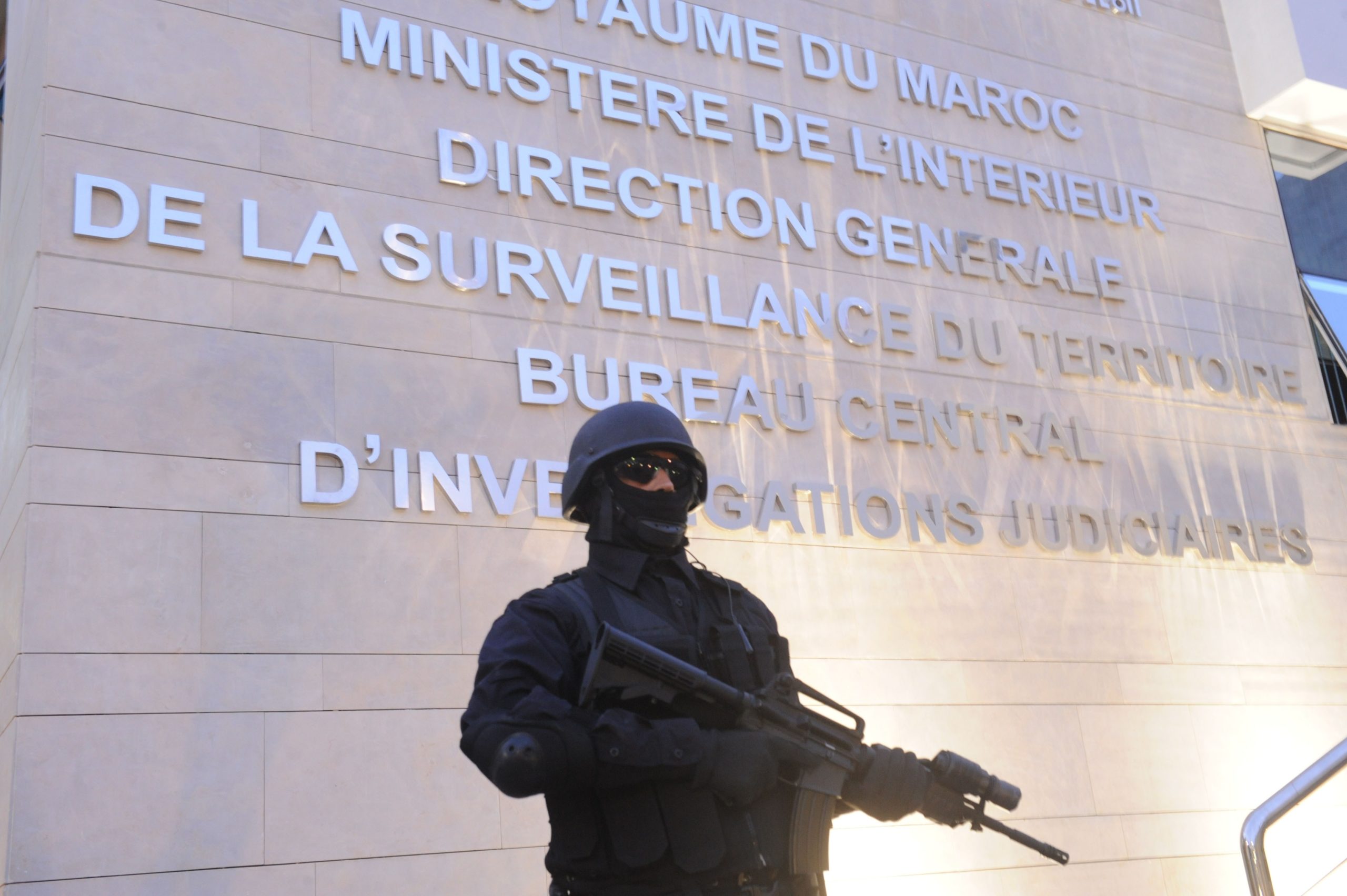 A member of the Moroccan special forces guard stands outside of the Central Bureau of Judicial Investigation (BCIJ) building