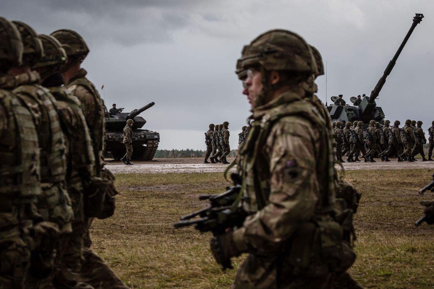 US troops marching in NATO welcome ceremony in Orzysz, Poland on April 13, 2017.