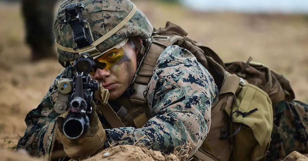 A US Marine takes position during the joint Cobra Gold exercise in the coastal Thai province of Rayong on February 28, 2020
