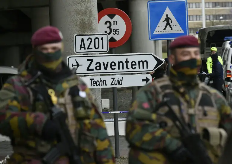 Soldiers control an access to Brussels airport, on March 29, 2016 in Zaventem, one week after the Islamic State attacks in Brussels