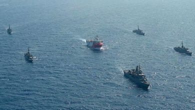 The Turkish seismic research vessel 'Oruc Reis' is escorted by Turkish naval ships in the Mediterranean Sea. AFP