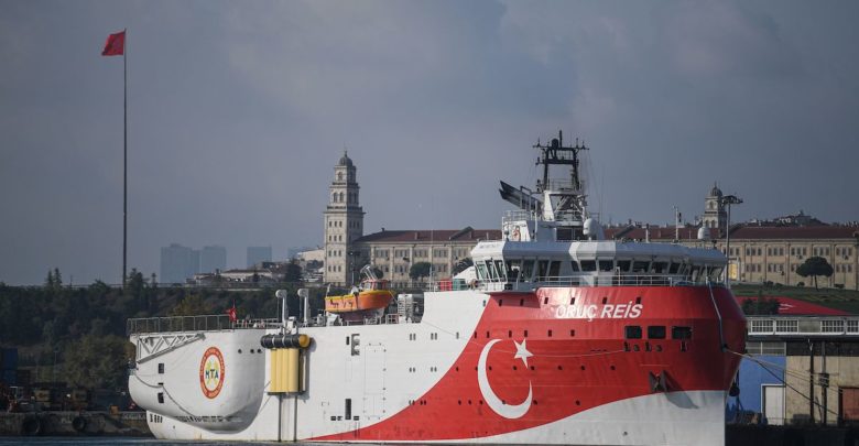 A view of Turkish General Directorate of Mineral research and Exploration's (MTA) Oruc Reis seismic research vessel docked at Haydarpasa port, which searches for hydrocarbon, oil, natural gas and coal reserves at sea, on 23 August 2019.
