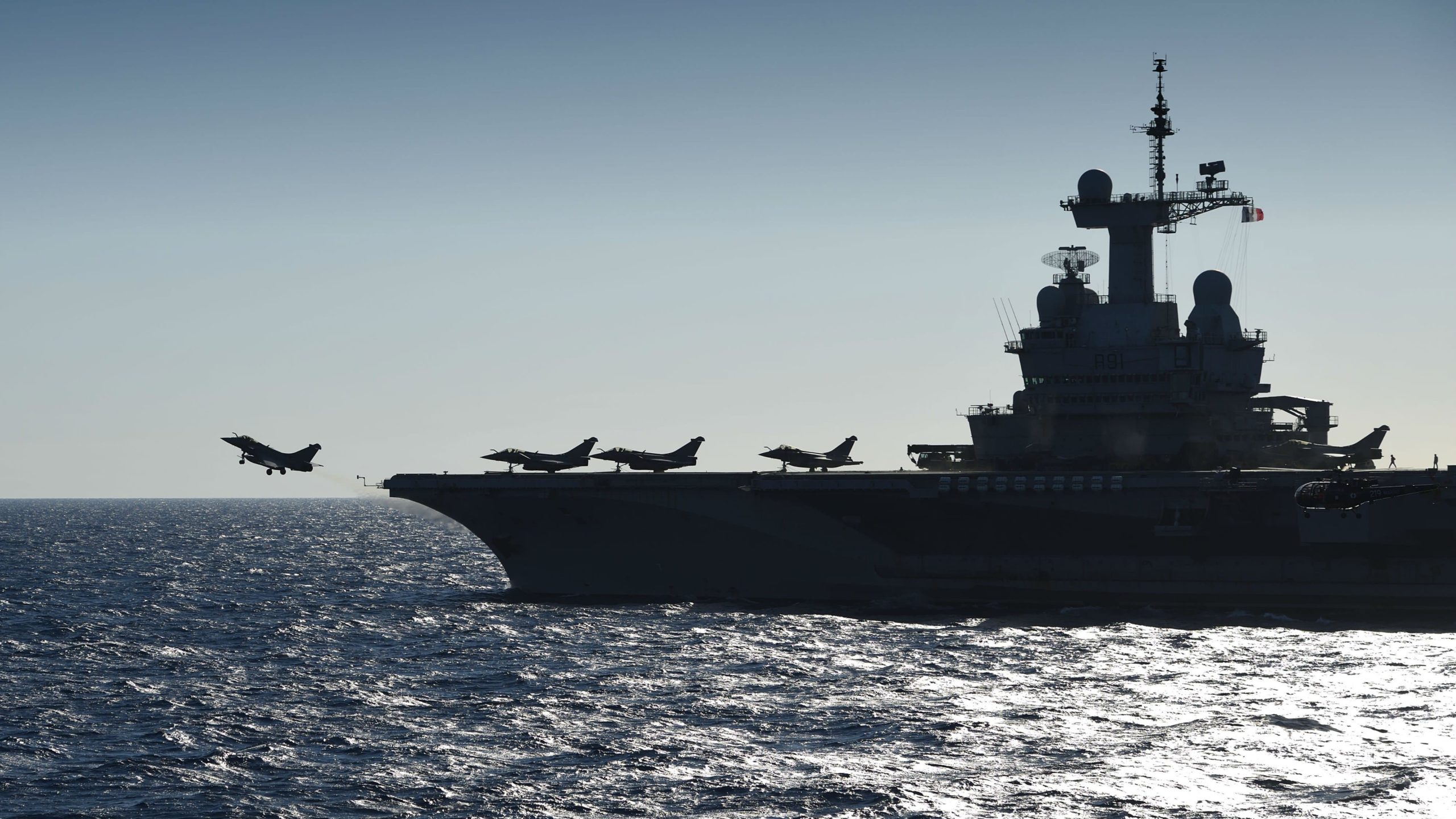 A rafale fighter jet takes off from the French aircraft carrier Charles de Gaulle.
