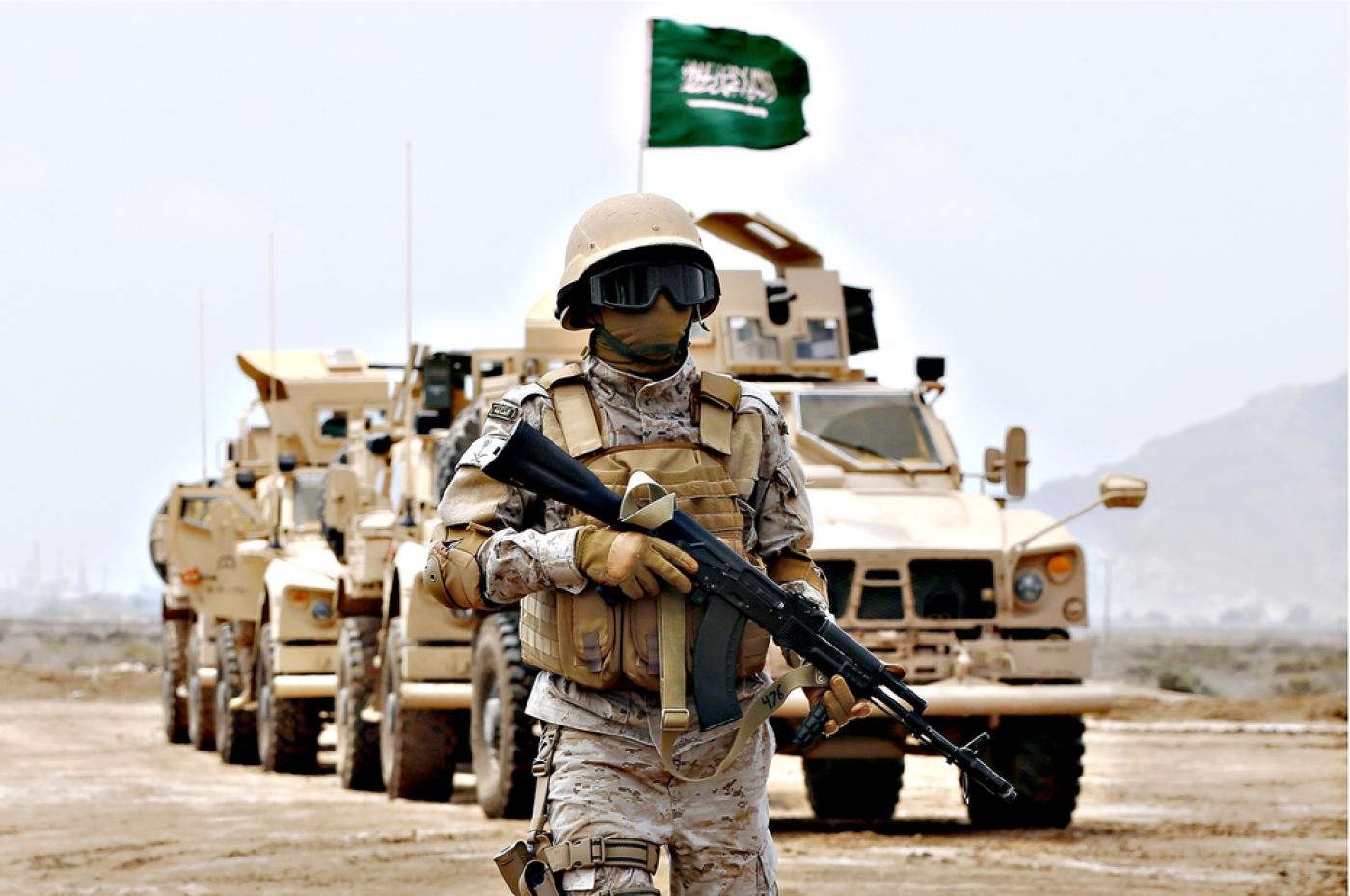 A member of the Saudi forces stands to attention during a presidential visit in Yemen.