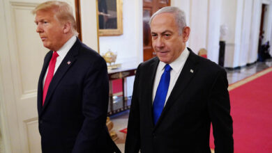 US President Donald Trump and Israel's Prime Minister Benjamin Netanyahu arrive for an announcement of Trump's Middle East peace plan at the White House, January 28, 2020.