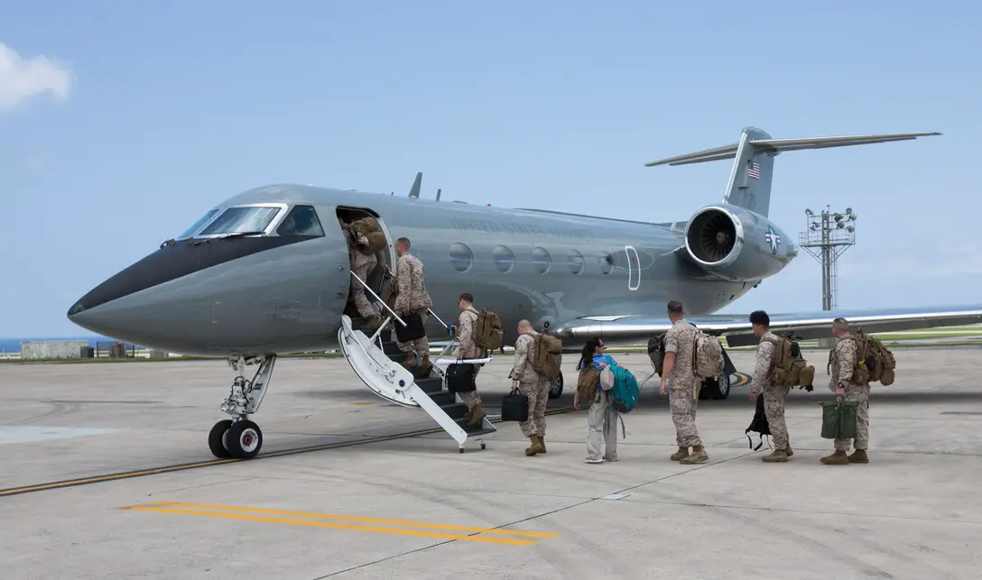US Marines board an aircraft on Kadena Air Base, Okinawa, Japan.