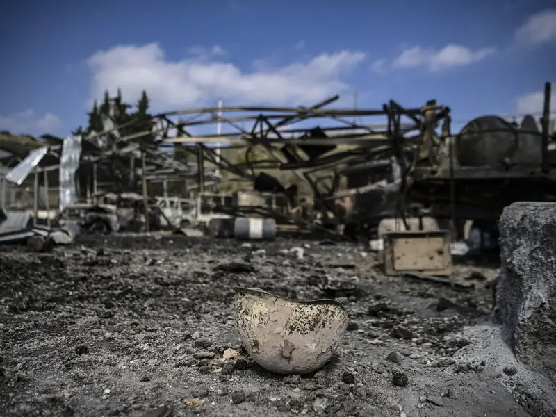 A photograph taken on October 15, 2020 shows a destroyed and burnt helmet lying on the ground of the hospital of Martakert region, a day after shelling during the ongoing fighting between Armenia and Azerbaijan over the disputed region