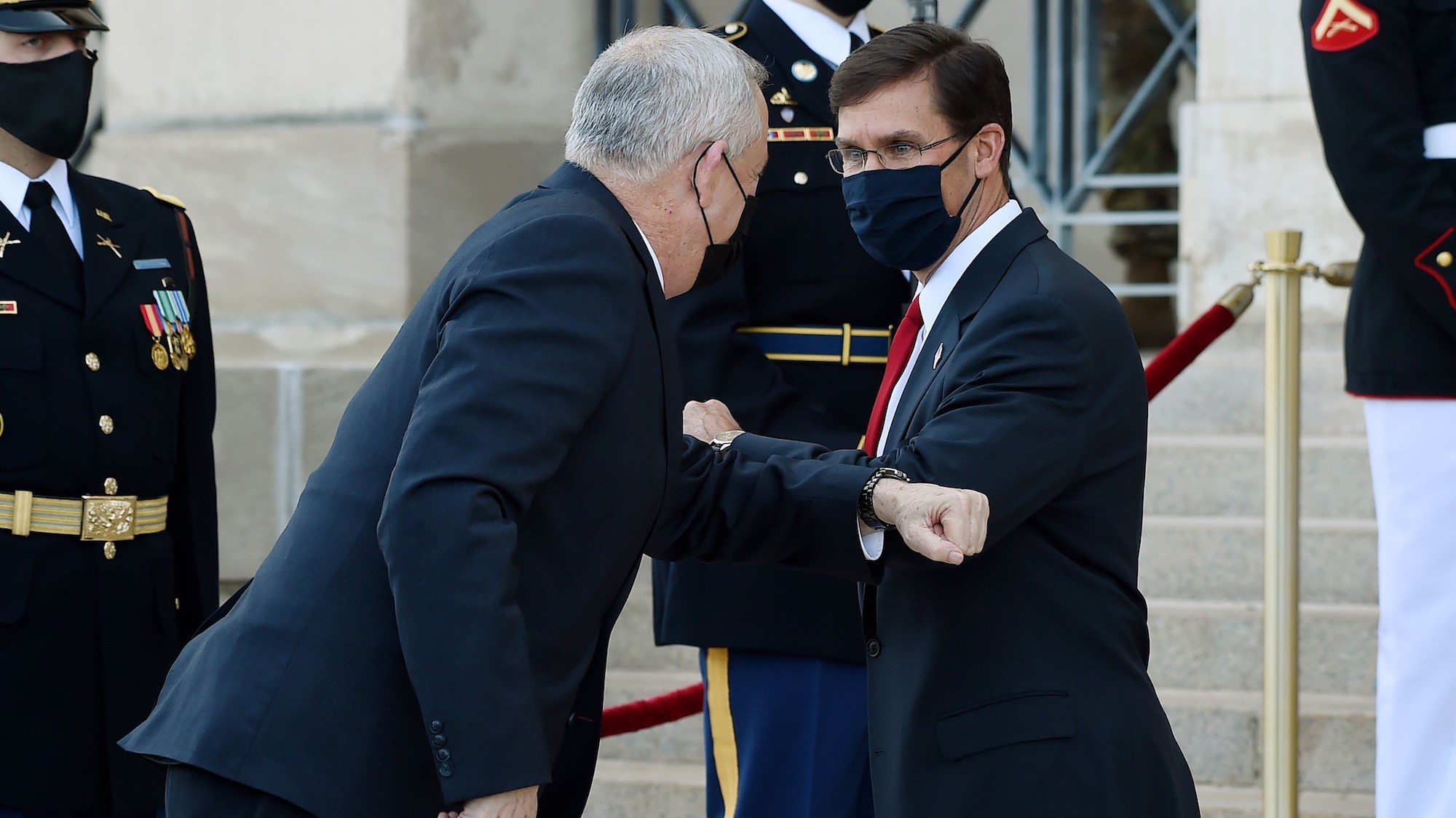 US Secretary of Defense Mark Esper welcomes Israeli Defense Minister Benny Gantz.