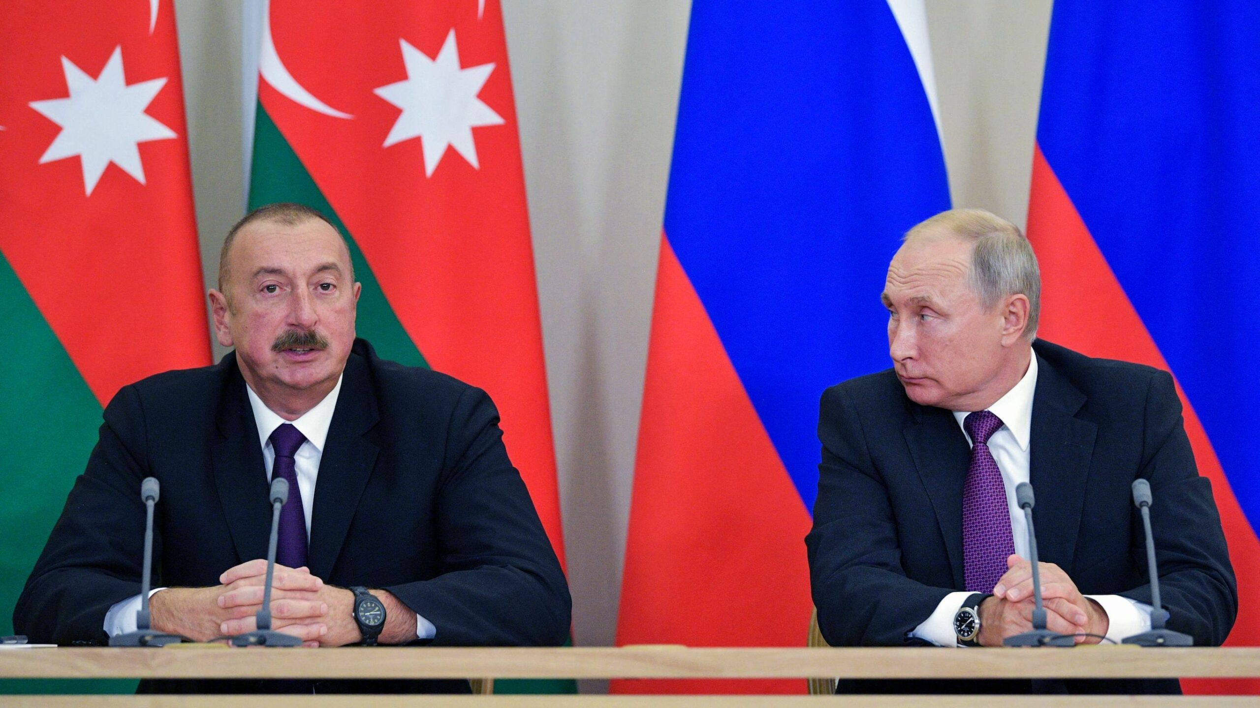 Azeri President Ilham Aliyev talks during his meeting with Russian President Vladimir Putin in Sochi on September, 2018. 