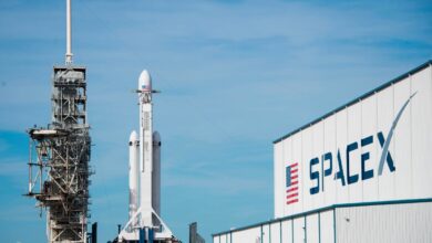 The SpaceX Falcon Heavy rests on Pad 39A at the Kennedy Space Center in Florida, on February 5, 2018, ahead of its demonstration mission