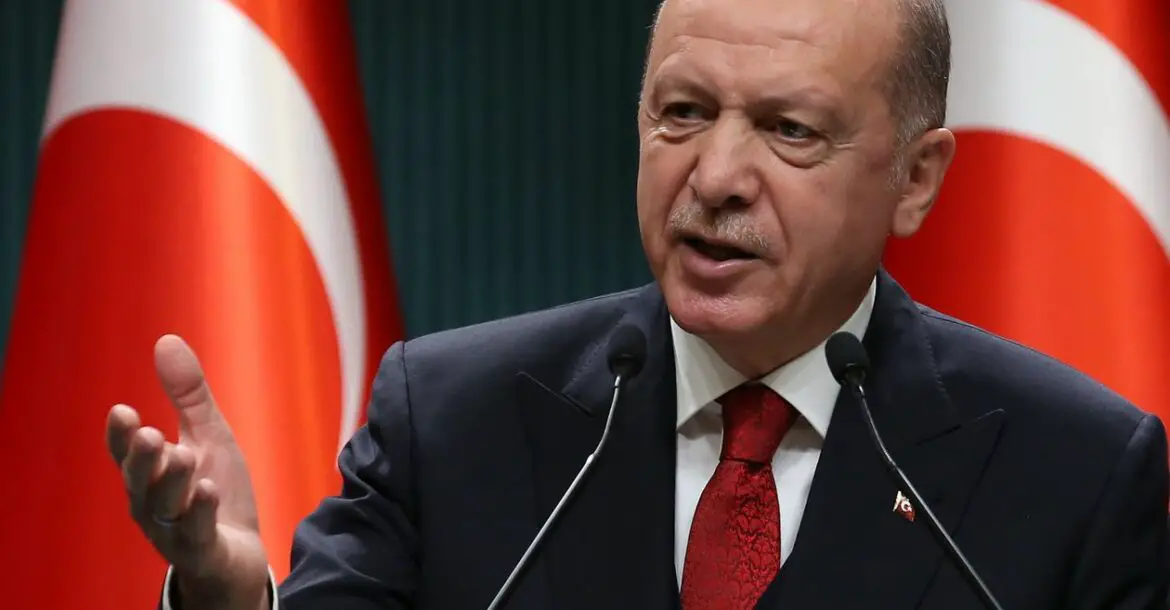 Photo of Turkish President Recep Tayyip Erdogan speaking at a press conference in Ankara, Turkey.
