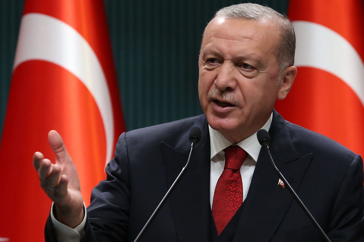 Photo of Turkish President Recep Tayyip Erdogan speaking at a press conference in Ankara, Turkey.