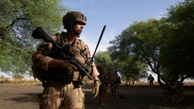 A group of soldiers of the French Army patrols the forest of Tofa Gala during the Bourgou IV operation in the Sahel region in northern Burkina Faso on November 9, 2019