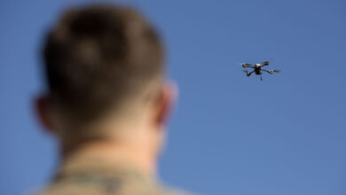 A US Marine with 2nd Marine Division, flies a Instant Eye drone system during Small Unmanned Aircraft System (SUAS) training on Camp Lejeune, N.C., Feb. 5, 2019.