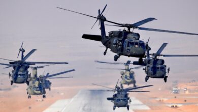 Six UH-60L Black Hawks and two CH-47F Chinooks, assigned to Task Force Brawler, 4th Battalion, 3rd Aviation Regiment, Task Force Falcon, simultaneously launch a daytime missionfrom Multinational Base Tarin Kowt