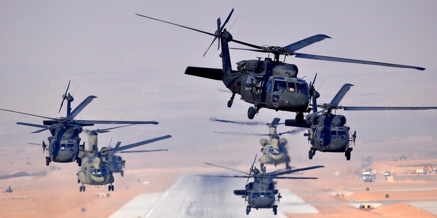 Six UH-60L Black Hawks and two CH-47F Chinooks, assigned to Task Force Brawler, 4th Battalion, 3rd Aviation Regiment, Task Force Falcon, simultaneously launch a daytime missionfrom Multinational Base Tarin Kowt