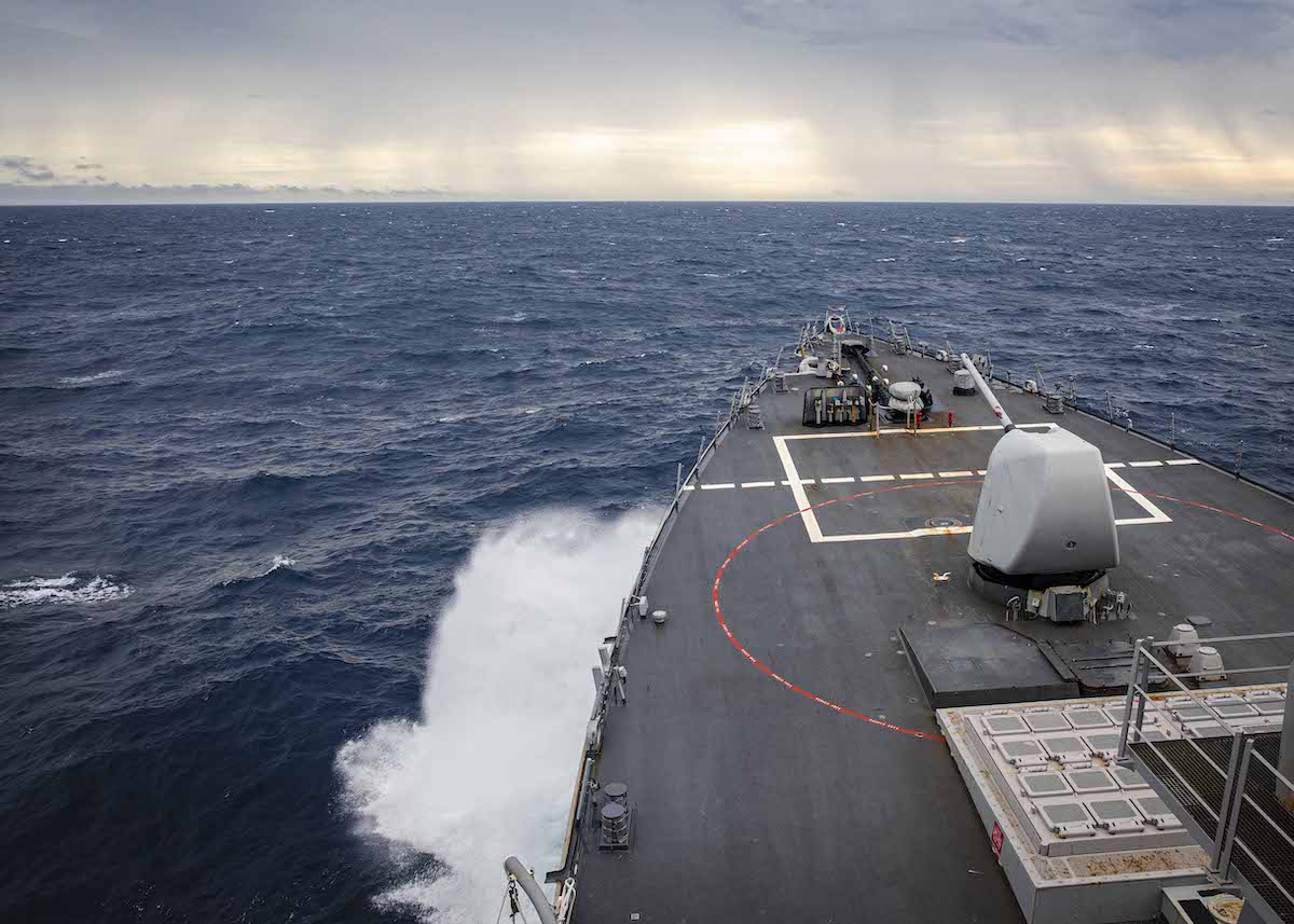 The Arleigh Burke-class guided-missile destroyer USS John S. McCain (DDG 56) transits through South China Sea while conducting routine underway operations.
