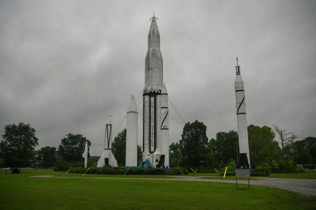 The V-2 rocket and Saturn I rocket at Rocket Park on July 2019, at NASA's Marshall Space Flight Center in Huntsville, Alabama.