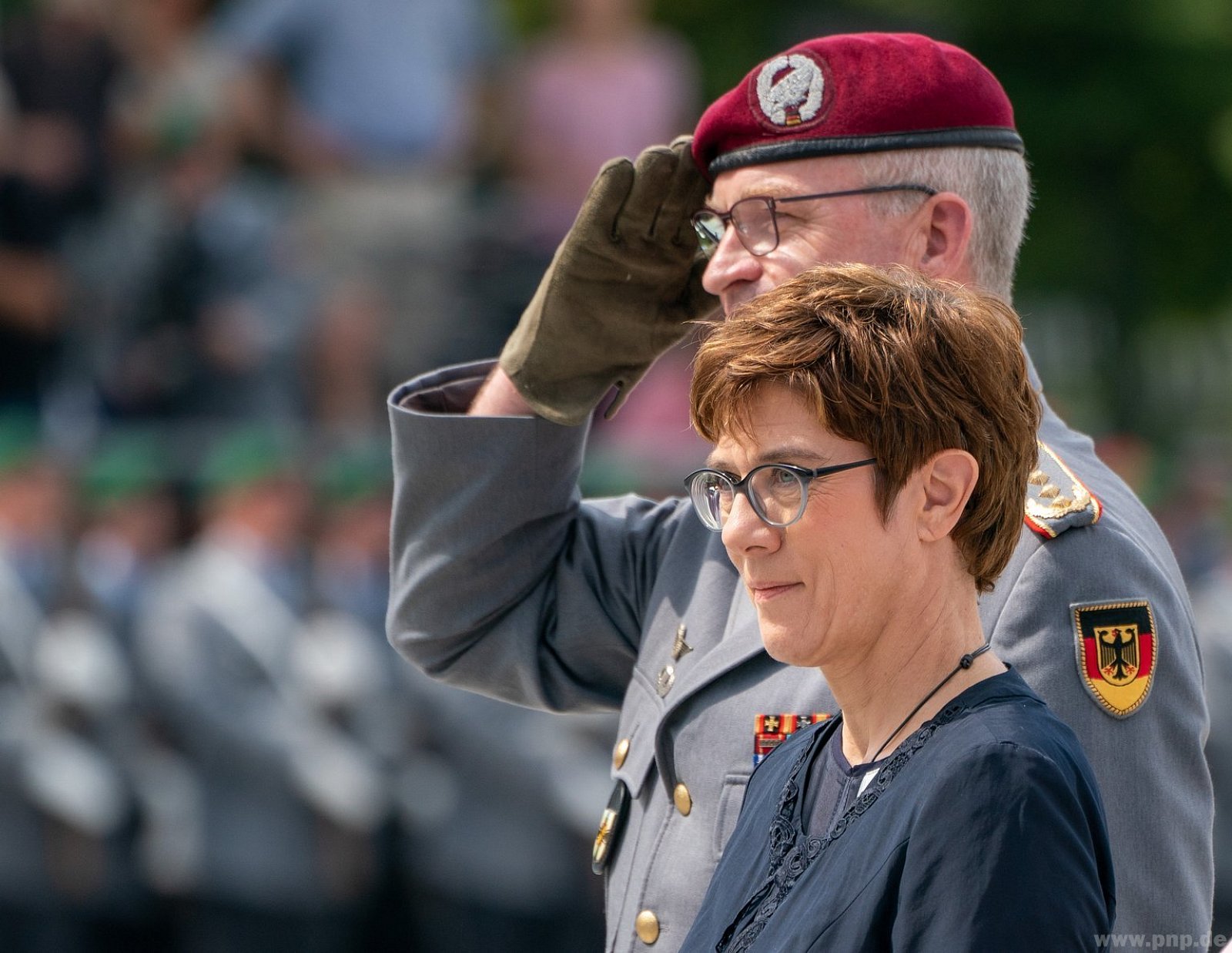 German Defence Minister Annegret Kramp-Karrenbauer and the Inspector General of the German Armed Forces Bundeswehr Eberhard Zorn (left) inspect the guard of honour during a swearing-in ceremony of German Bundeswehr soldiers at the Bendlerblock in Berlin, July 2019.