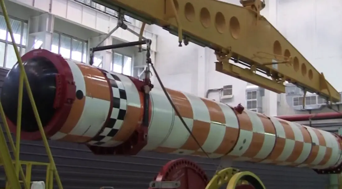 In this 2019 handout video grab released by Russian Defence Ministry, tests of Russia's Poseidon nuclear-powered underwater drone are shown at an undisclosed location, Russia