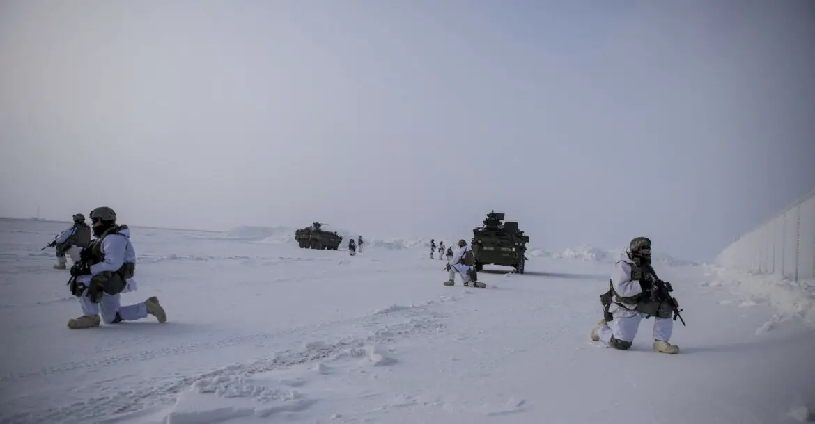 US Soldiers assigned to 3rd Battalion, 21st Infantry Regiment provide overwatch during an arctic deployment of Stryker armored vehicles as part of the US Army Alaska led exercise Arctic Edge 18 at Eleison Air Force Base, Alaska, March 13, 2018.