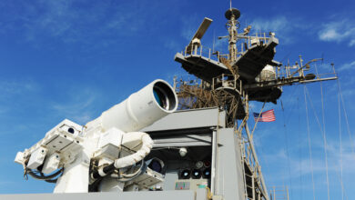 The Afloat Forward Staging Base USS Ponce conducts an operational demonstration of the Office of Naval Research -sponsored Laser Weapon System while deployed to the Arabian Gulf