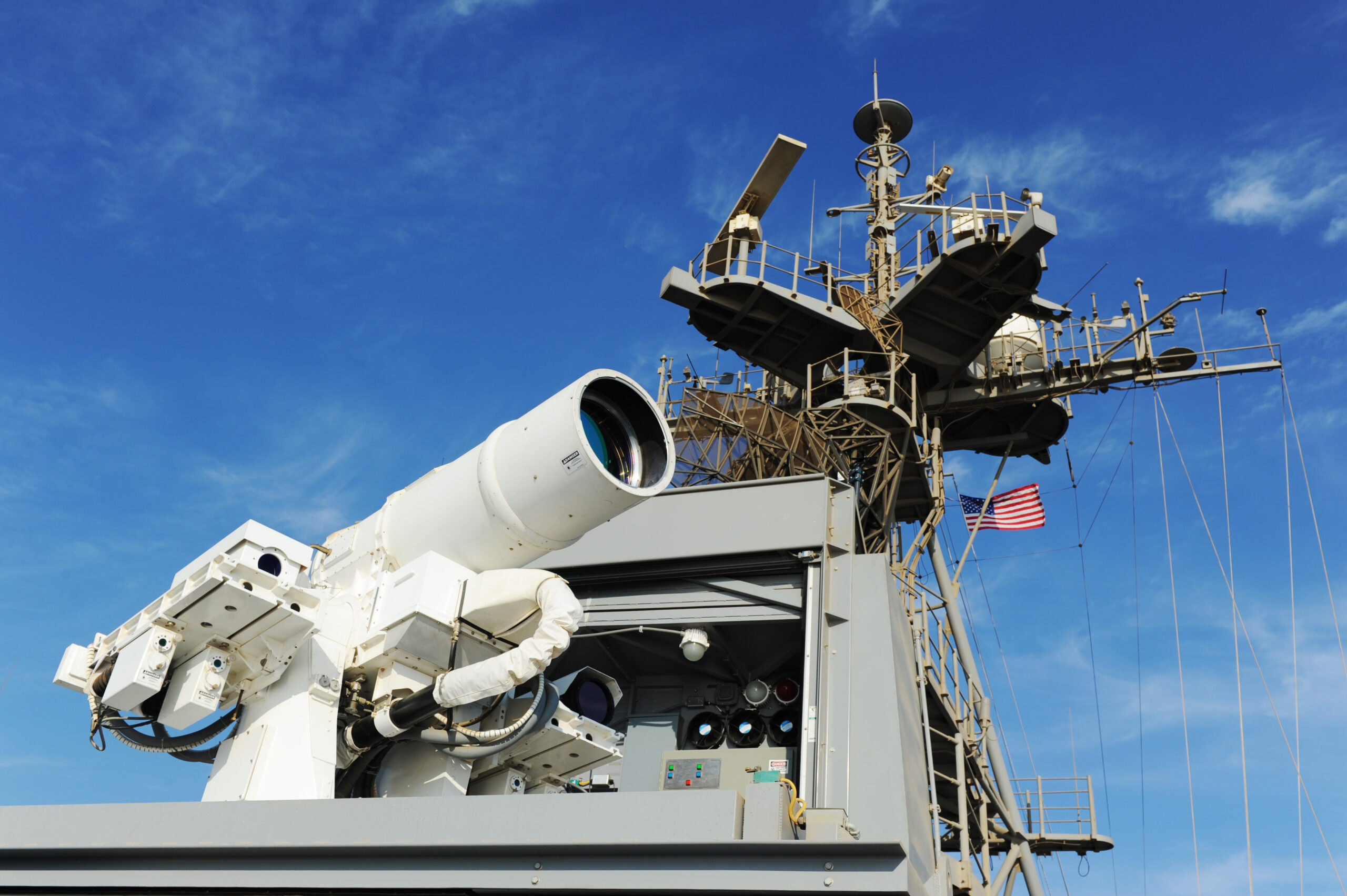 The Afloat Forward Staging Base USS Ponce conducts an operational demonstration of the Office of Naval Research -sponsored Laser Weapon System while deployed to the Arabian Gulf
