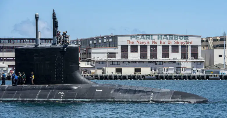 The Virginia-class fast-attack submarine USS Missouri (SSN 780) departs Pearl Harbor Naval Shipyard after completing a scheduled extended dry-docking selected restricted availability (EDSRA).