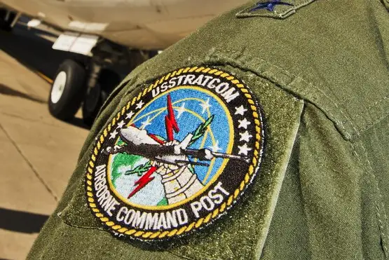 A U.S. Strategic Command airborn command post patch adorns the shouder of Maj. Gen. Richard Evans III, U.S. STRATCOM acting deputy commander, at Minot Air Force Base, N.D., Sept 19, 2016
