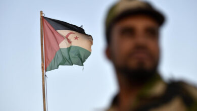 A Polisario Front soldier stands before a Sahrawi flag in Western Algeria