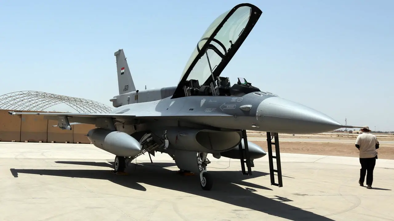 An F-16 fighter jet from the US on the tarmac at Iraq's Balad air base