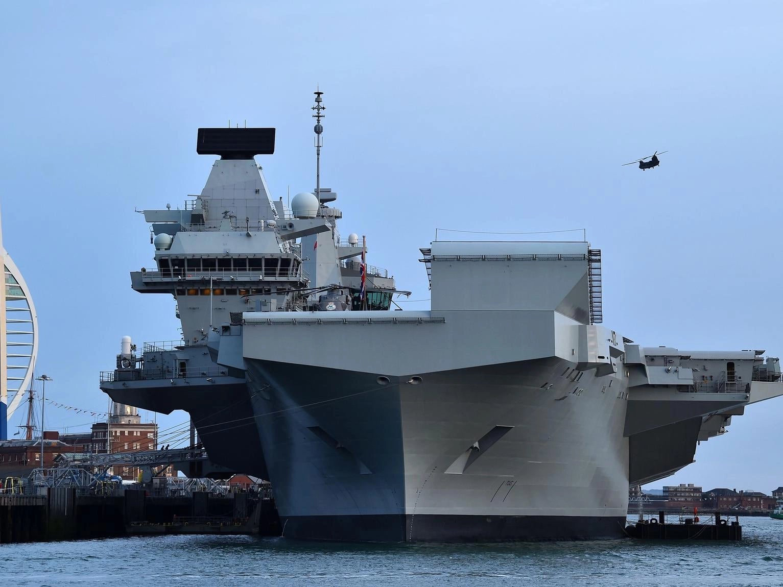 The British aircraft carrier HMS Queen Elizabeth at anchor