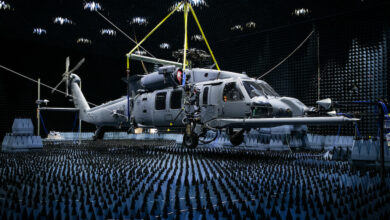 A 413th Flight Test Squadron HH-60W Pave Hawk hangs in the anechoic chamber at the Joint Preflight Integration of Munitions and Electronic Systems hangar, Jan. 6, 2020, at Eglin Air Force Base, Fla