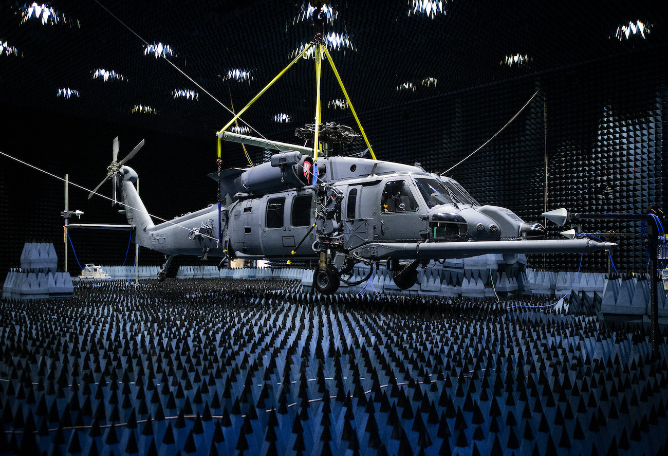 A 413th Flight Test Squadron HH-60W Pave Hawk hangs in the anechoic chamber at the Joint Preflight Integration of Munitions and Electronic Systems hangar, Jan. 6, 2020, at Eglin Air Force Base, Fla