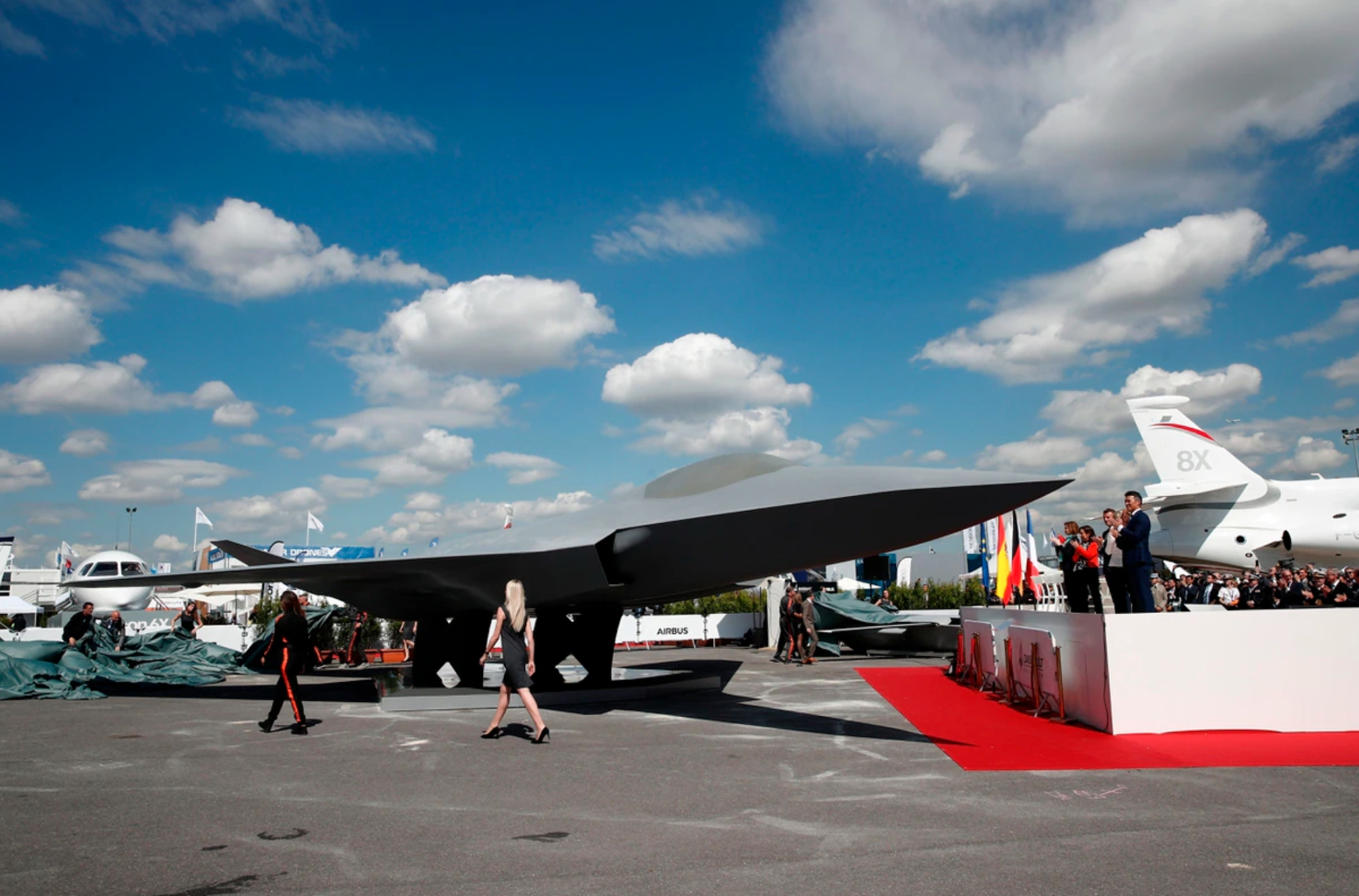A model of the French-German-Spanish Future Combat Air System aircraft sits on the tarmac during the 53rd Paris Air Show on June 17, 2019